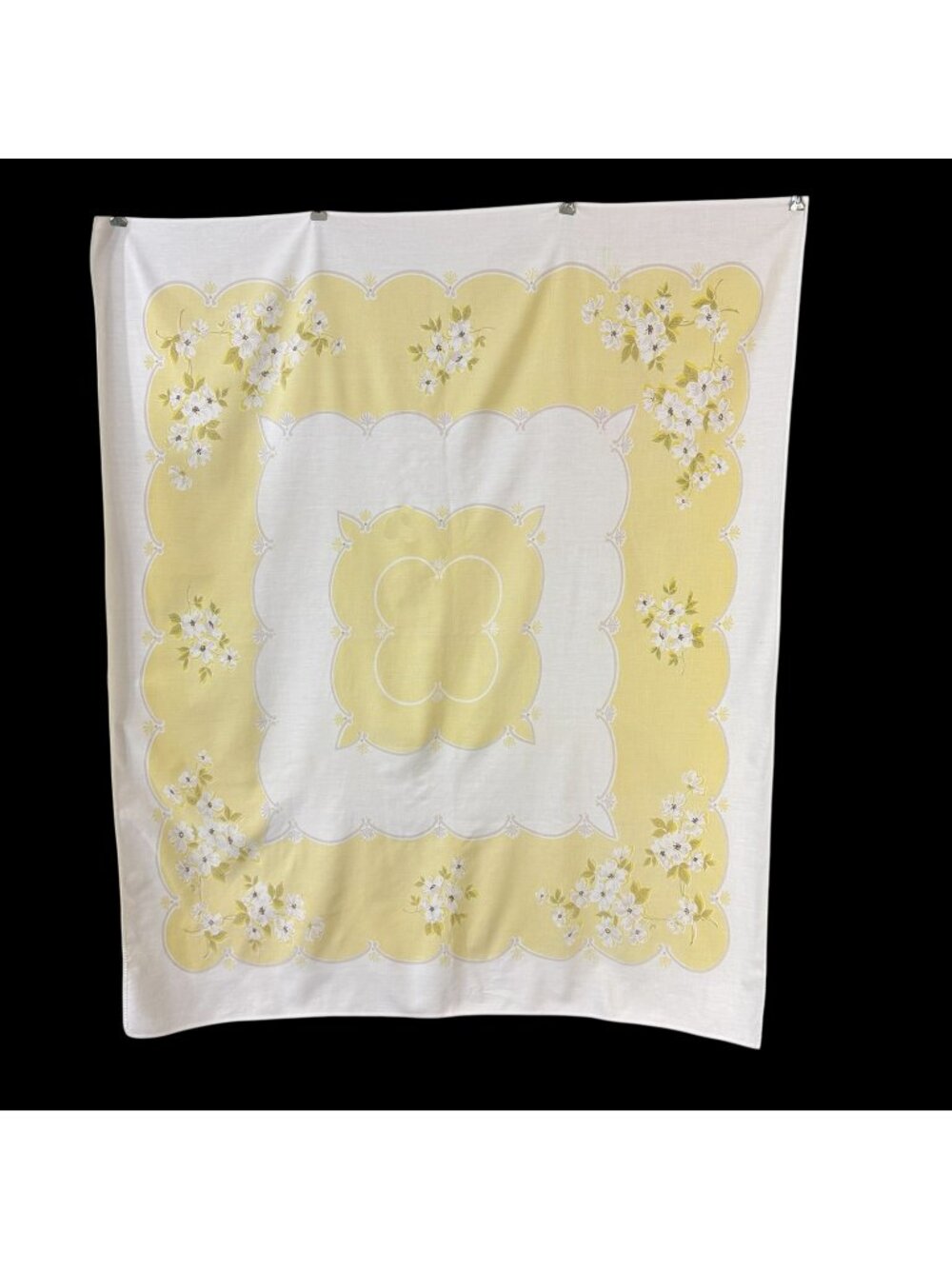 Printed Cotton Tablecloth Yellow White Apple Blossoms Cottage Core Vintage 1950s
